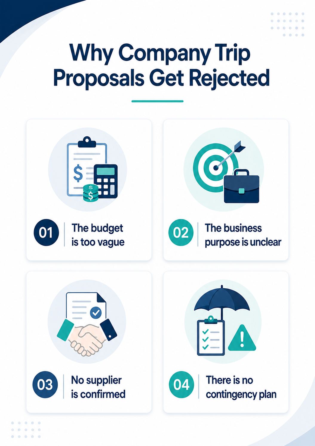 Reasons why company trip proposals get rejected